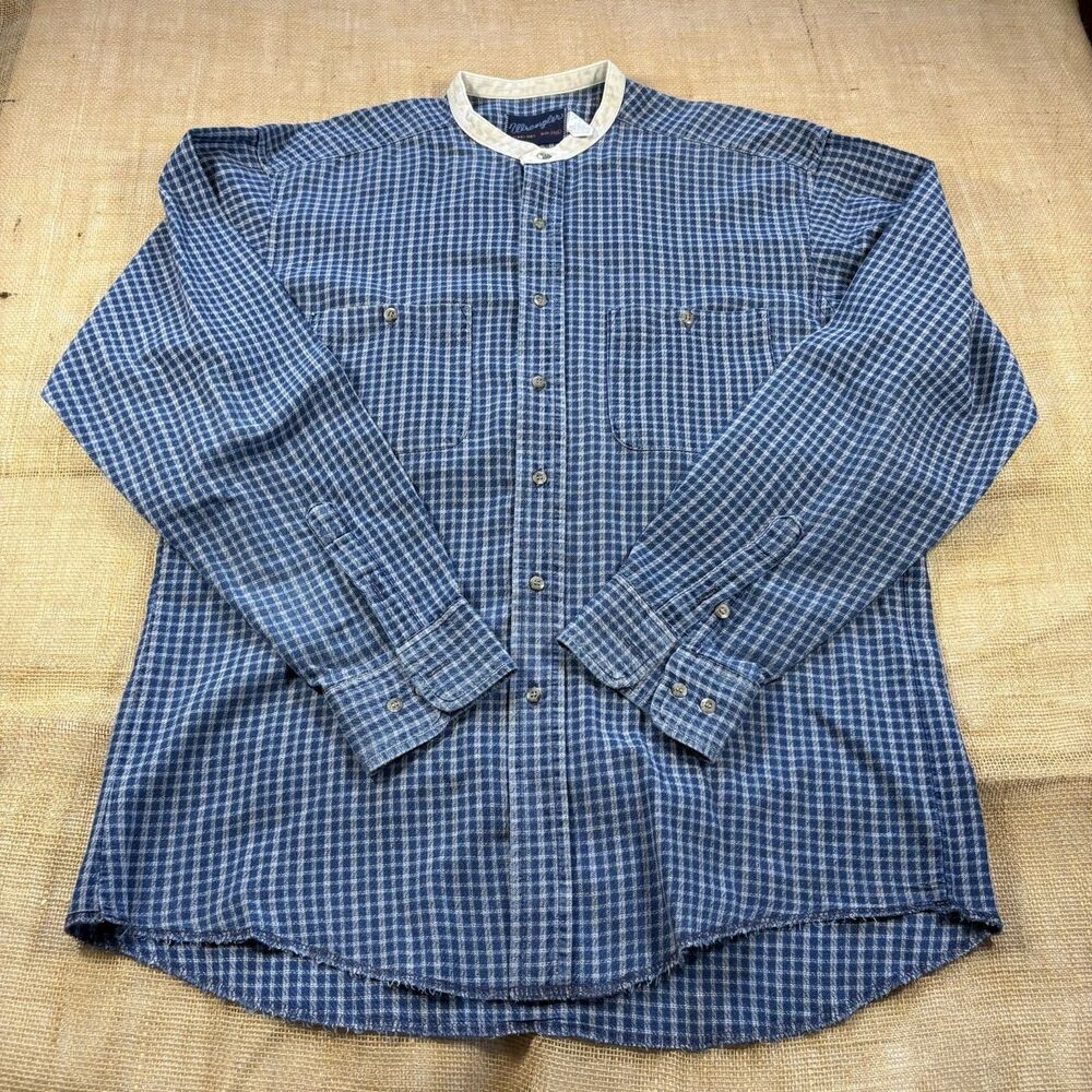 Vintage Wrangler Mens 16.5-35 Large Plaid Check Grandad Band Collar Shirt